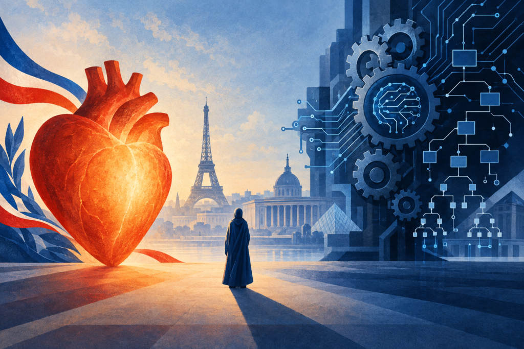 Conceptual illustration of a robed figure standing between a glowing human heart and a cold network of machines against a stylized Paris background.