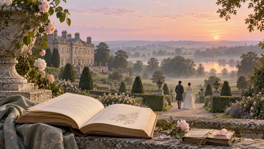 Illustration of an open novel overlooking a Regency estate and two distant figures