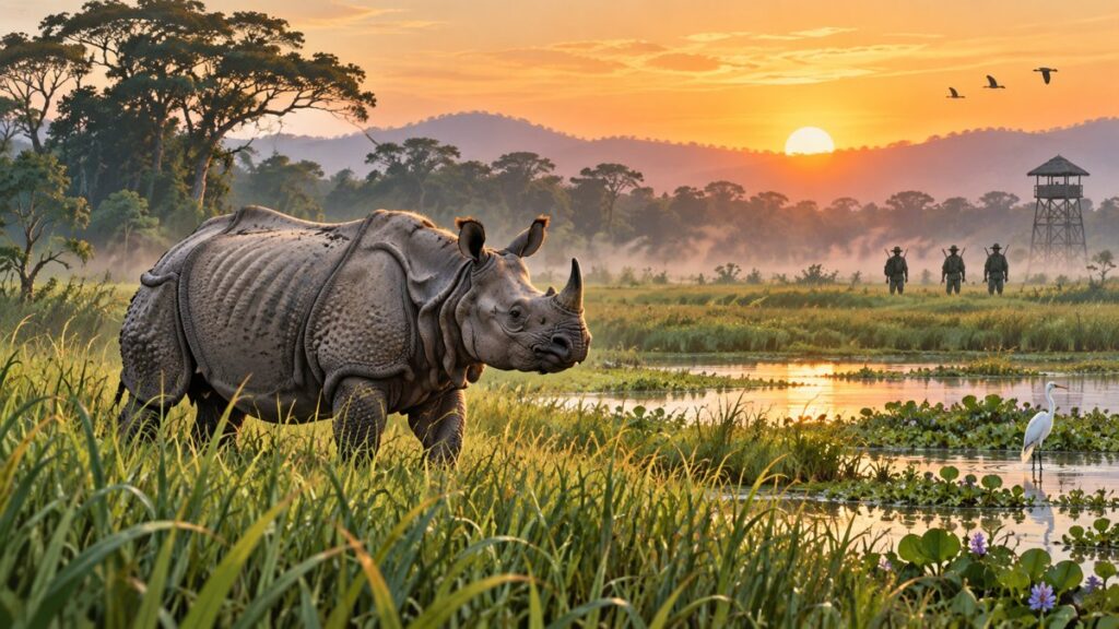 Editorial illustration of a greater one-horned rhinoceros in Indian wetland grassland