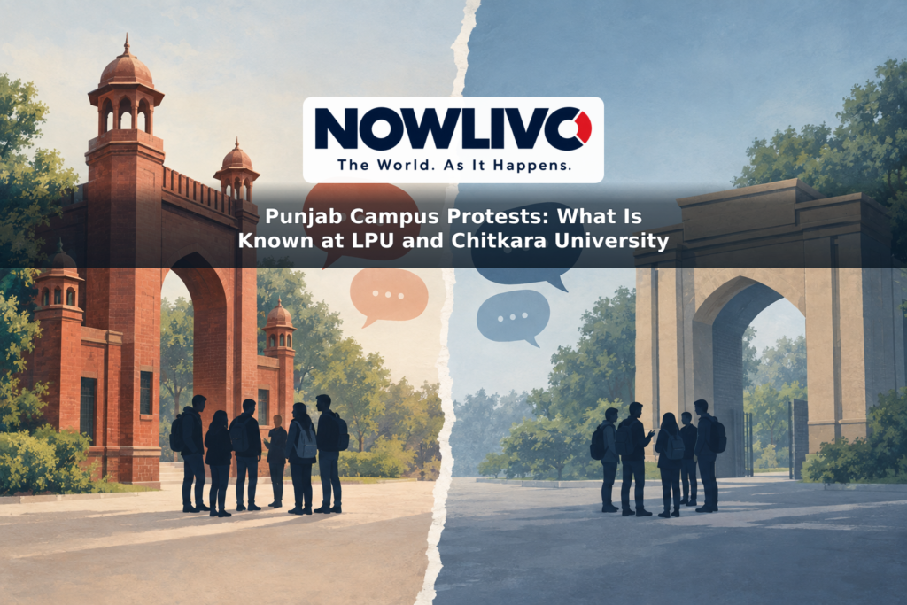 Conceptual illustration of separate student gatherings outside two university gateways, with message symbols between them.