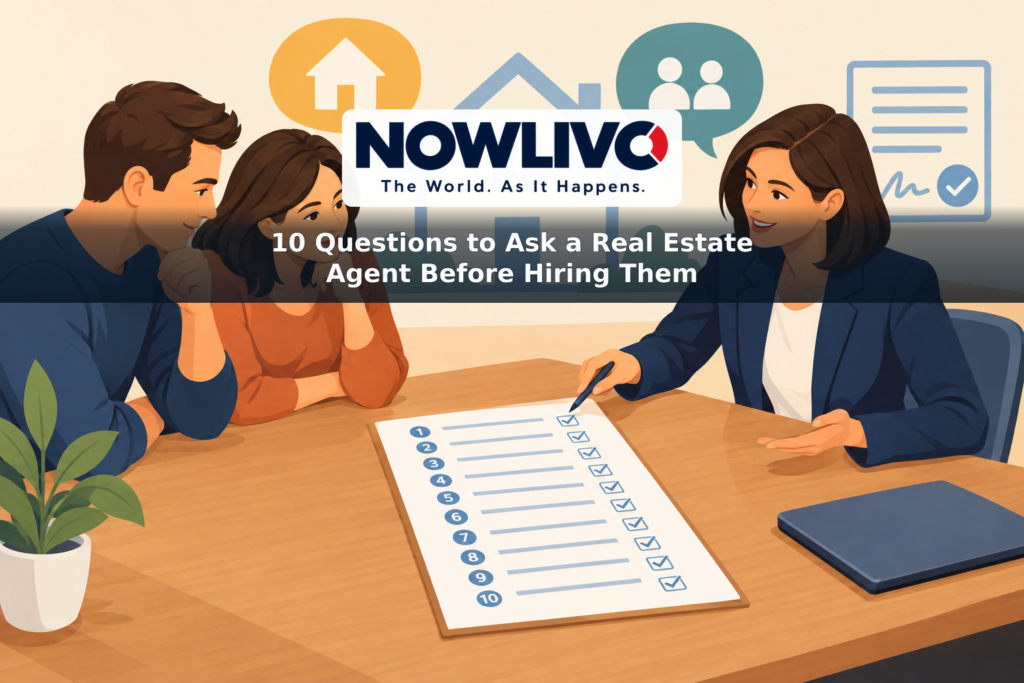 Illustration of two clients reviewing a checklist of questions with a real estate agent beside a house outline.