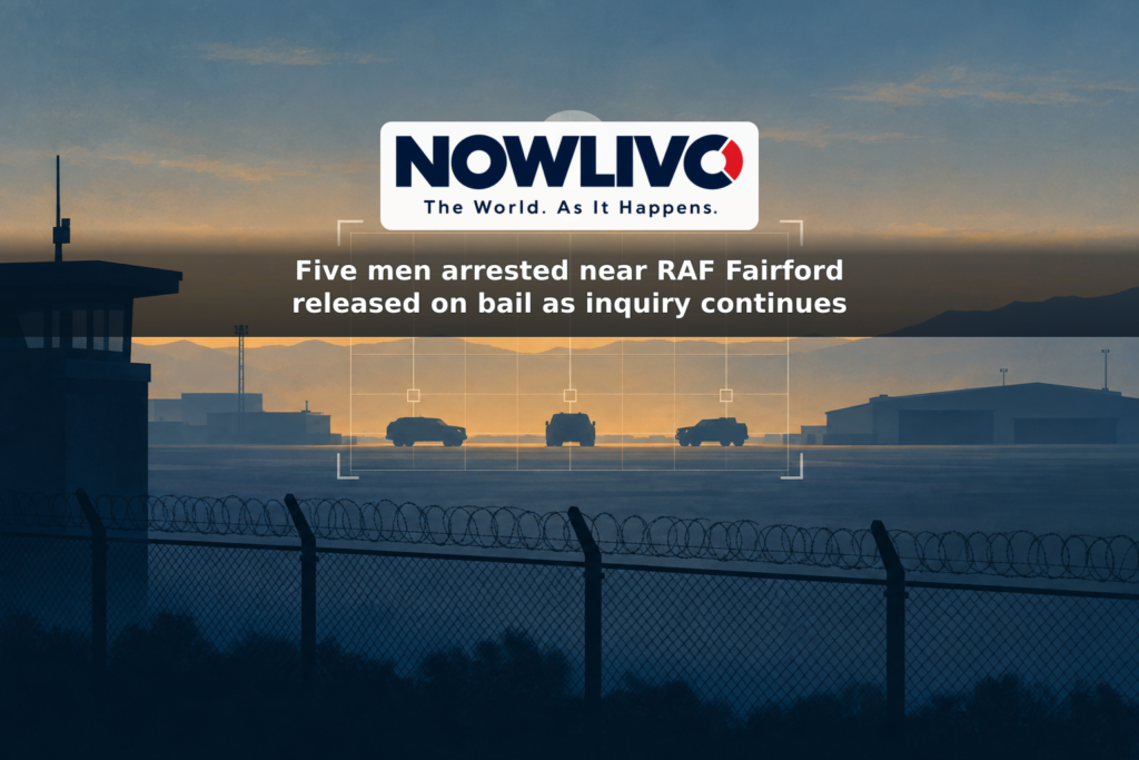Conceptual illustration of three vehicles near an airbase perimeter beneath an investigation grid and question mark.