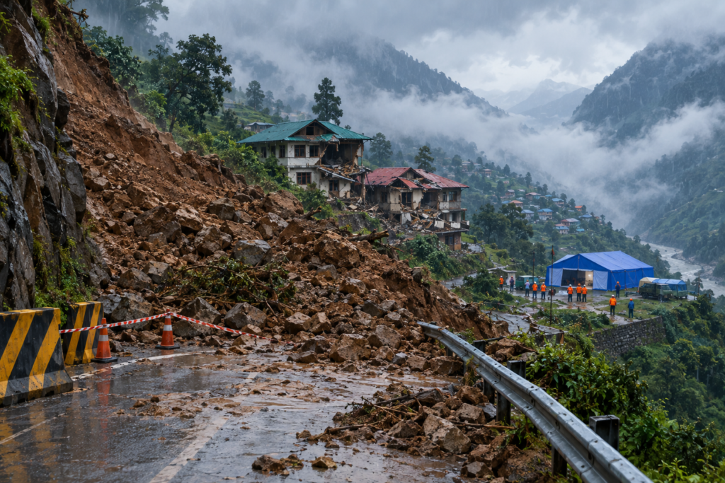 Editorial illustration of a landslide damaging houses and blocking access near a rain-soaked Himalayan village in Sikkim.