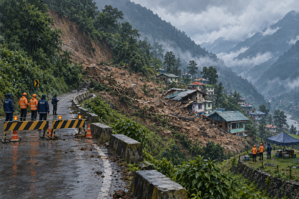 Editorial illustration of a rain-triggered landslide damaging hillside homes and blocking a road near Rimbi village in West Sikkim.