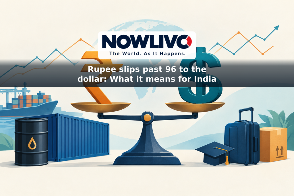 Illustration of rupee and dollar symbols on a scale, surrounded by icons representing oil imports, travel and exports.