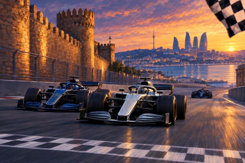 Conceptual illustration of a silver race car narrowly leading a dark blue car toward the finish on a Baku-inspired street circuit, with a third car behind.