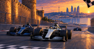 Conceptual illustration of a silver race car narrowly leading a dark blue car toward the finish on a Baku-inspired street circuit, with a third car behind.