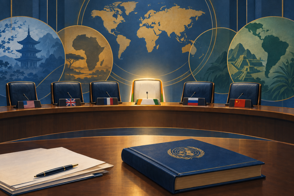 Conceptual illustration of an illuminated India-themed chair beside the permanent seats in a global security council chamber.
