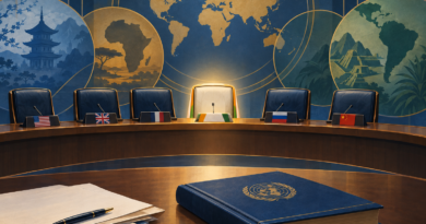Conceptual illustration of an illuminated India-themed chair beside the permanent seats in a global security council chamber.