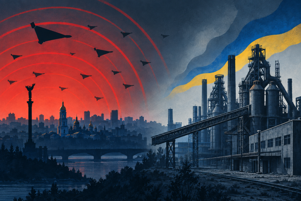 Conceptual illustration of Kyiv under aerial attack beside an inactive steel plant representing the economic impact of the war.