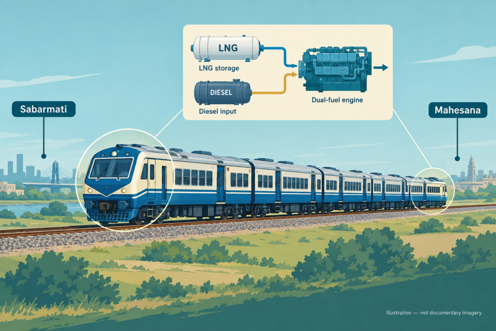 Conceptual illustration of an eight-coach regional train between Sabarmati and Mahesana, with an inset showing LNG and diesel feeding its dual-fuel power cars.