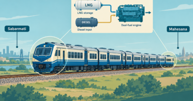 Conceptual illustration of an eight-coach regional train between Sabarmati and Mahesana, with an inset showing LNG and diesel feeding its dual-fuel power cars.