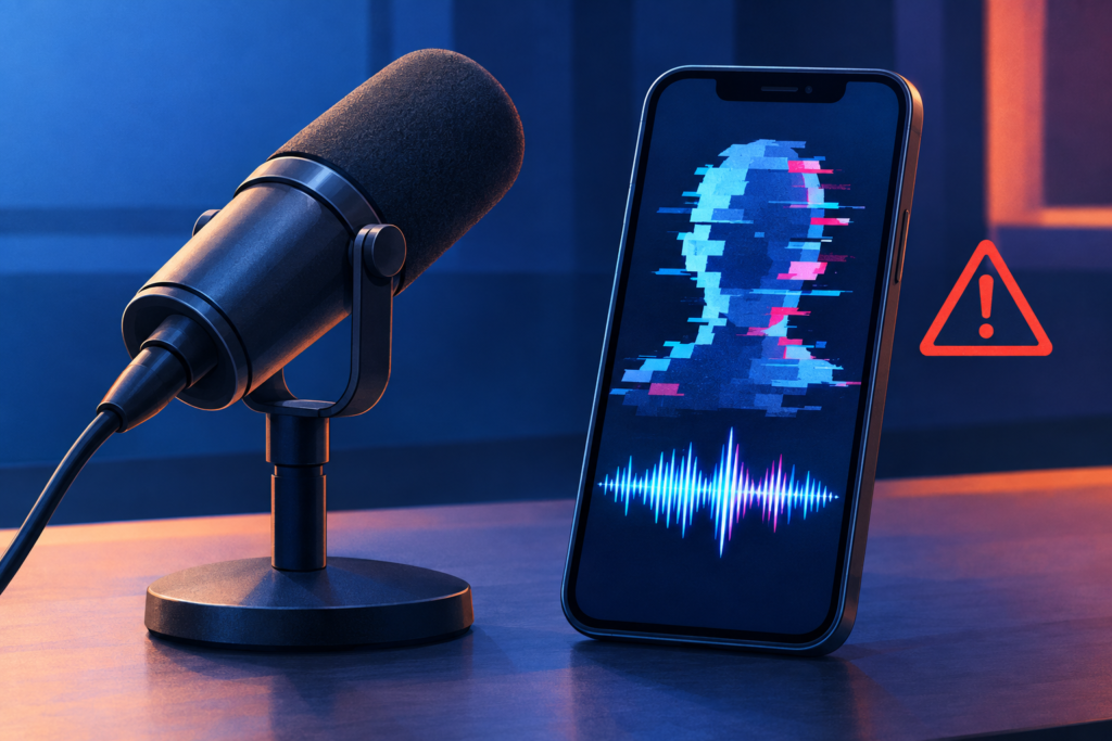 Illustration of a studio microphone beside a phone showing a distorted synthetic silhouette and audio waveform.