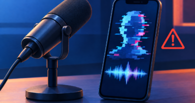 Illustration of a studio microphone beside a phone showing a distorted synthetic silhouette and audio waveform.