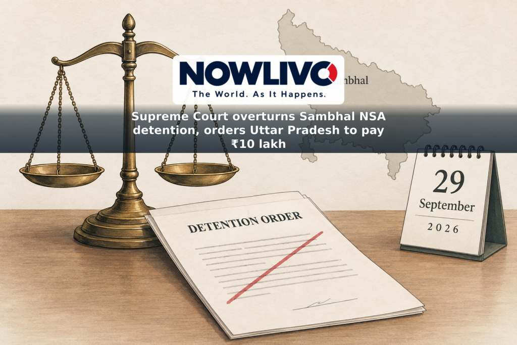 Illustration of justice scales, a cancelled detention order and a September 29 calendar beside an outline of Uttar Pradesh.