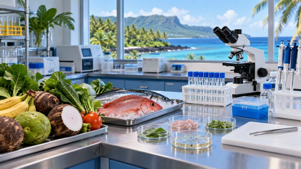 Editorial illustration of food samples and laboratory equipment in a Pacific island setting