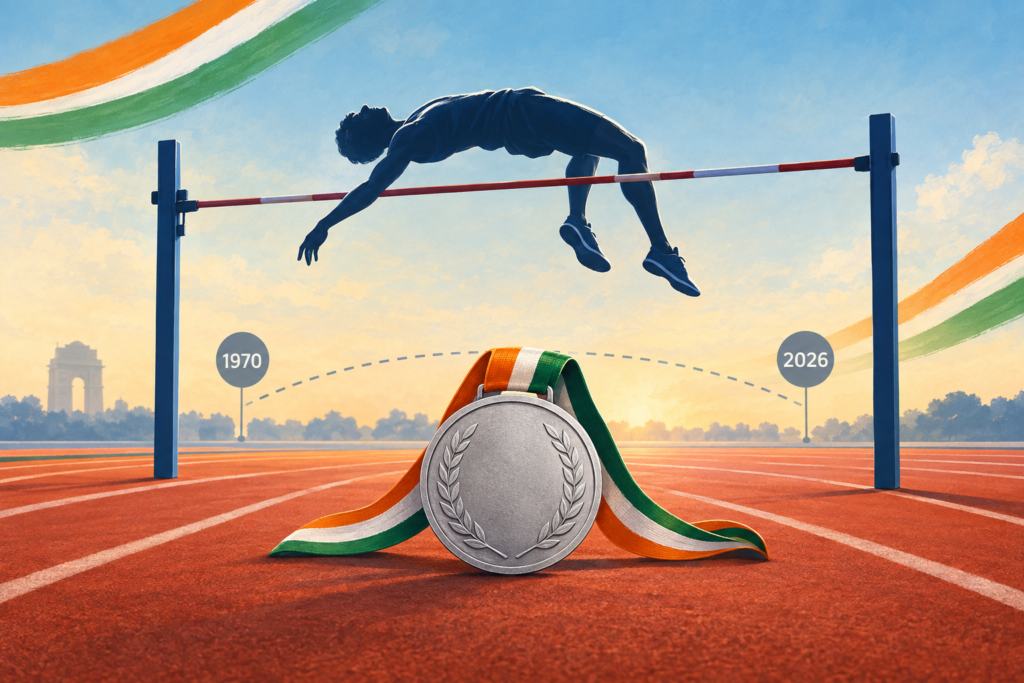 Illustration of a high jumper clearing a bar beside a silver medal motif and 1970-to-2026 markers.