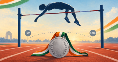 Illustration of a high jumper clearing a bar beside a silver medal motif and 1970-to-2026 markers.