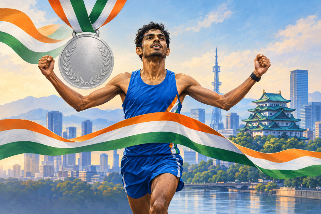 Editorial illustration of an Indian marathon runner crossing the finish line with a silver medal motif and tricolour ribbons.