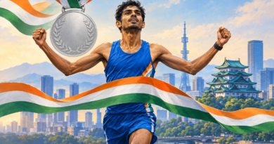 Editorial illustration of an Indian marathon runner crossing the finish line with a silver medal motif and tricolour ribbons.