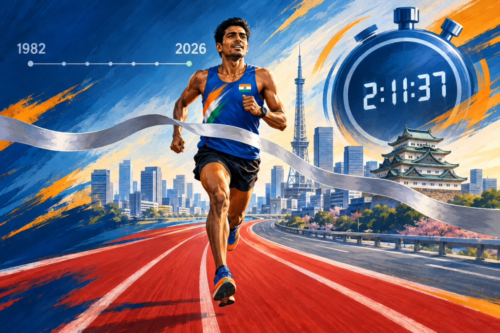 Illustration of an Indian marathon runner approaching a silver finish ribbon as track lanes become a road, with 2:11:37 and a 1982-to-2026 timeline in the background.