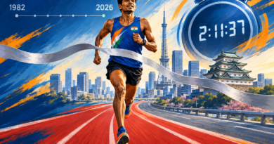 Illustration of an Indian marathon runner approaching a silver finish ribbon as track lanes become a road, with 2:11:37 and a 1982-to-2026 timeline in the background.