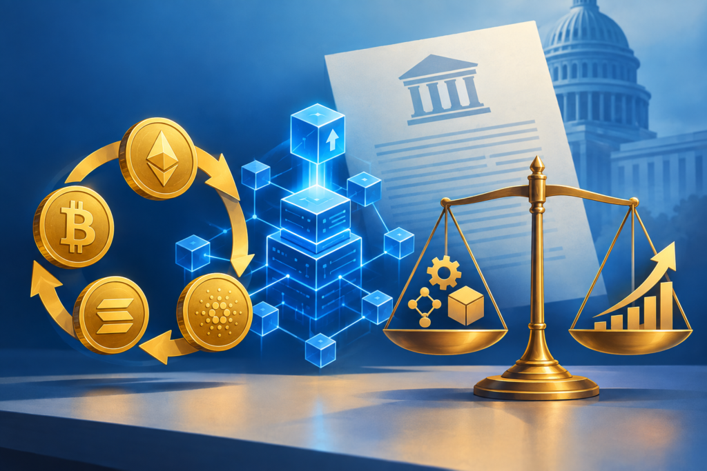 Illustration of crypto tokens, a buyback arrow, network upgrade blocks and scales comparing utility with profit expectations.