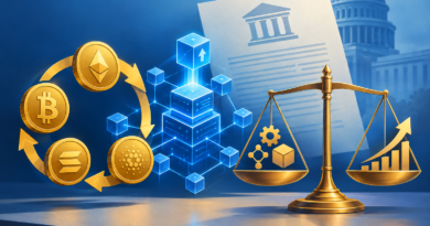 Illustration of crypto tokens, a buyback arrow, network upgrade blocks and scales comparing utility with profit expectations.