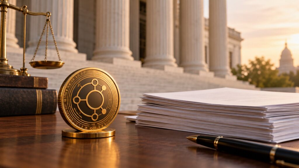 Editorial illustration of an abstract digital token beside proposed regulatory papers