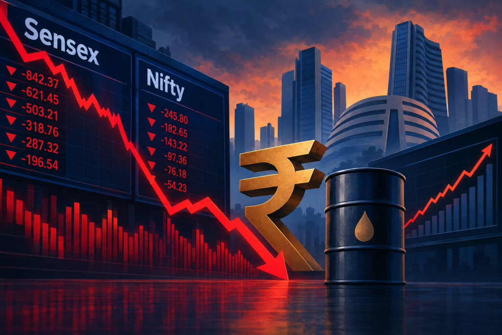 Editorial illustration showing falling Sensex and Nifty charts alongside a rupee symbol, an oil barrel and rising bond yields.