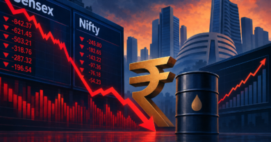 Editorial illustration showing falling Sensex and Nifty charts alongside a rupee symbol, an oil barrel and rising bond yields.