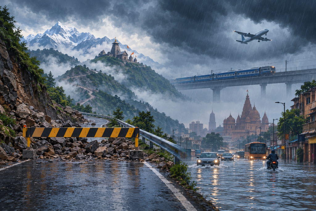 Illustration of a rain-closed Himalayan pilgrimage route alongside waterlogged roads and disrupted rail and air travel.