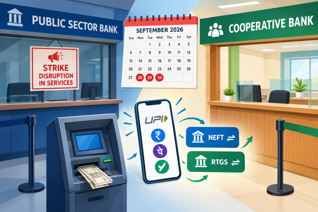 Illustration contrasting disrupted public-sector bank branches with an open cooperative bank, alongside an ATM and digital payment services during the September 28-30 strike.