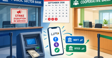 Illustration contrasting disrupted public-sector bank branches with an open cooperative bank, alongside an ATM and digital payment services during the September 28-30 strike.
