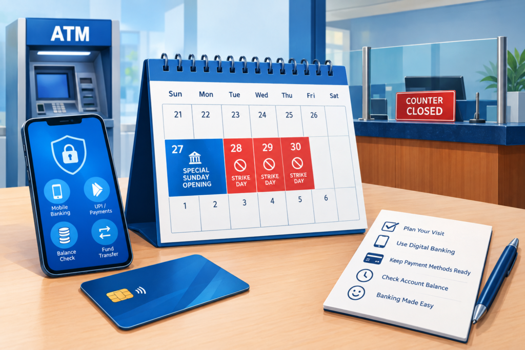 Illustration of a bank calendar marking the September 27 Sunday opening and the planned September 28–30 strike beside digital banking options.
