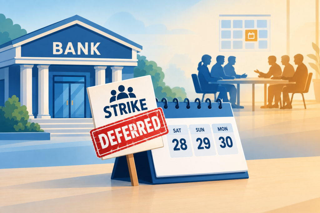 Illustration of a bank, a September 28–30 calendar marked deferred, and an abstract meeting about Saturday holidays.