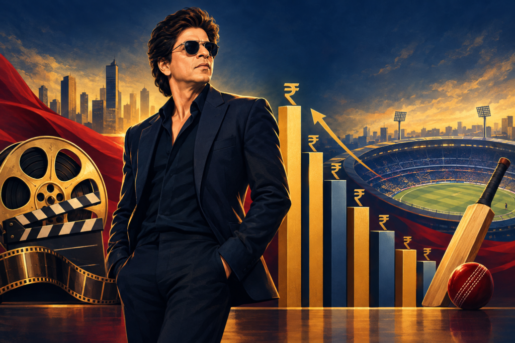 Conceptual illustration of a Bollywood star beside rupee wealth charts, a film reel and a cricket stadium motif.