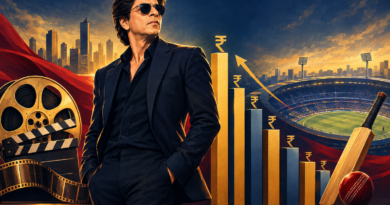 Conceptual illustration of a Bollywood star beside rupee wealth charts, a film reel and a cricket stadium motif.