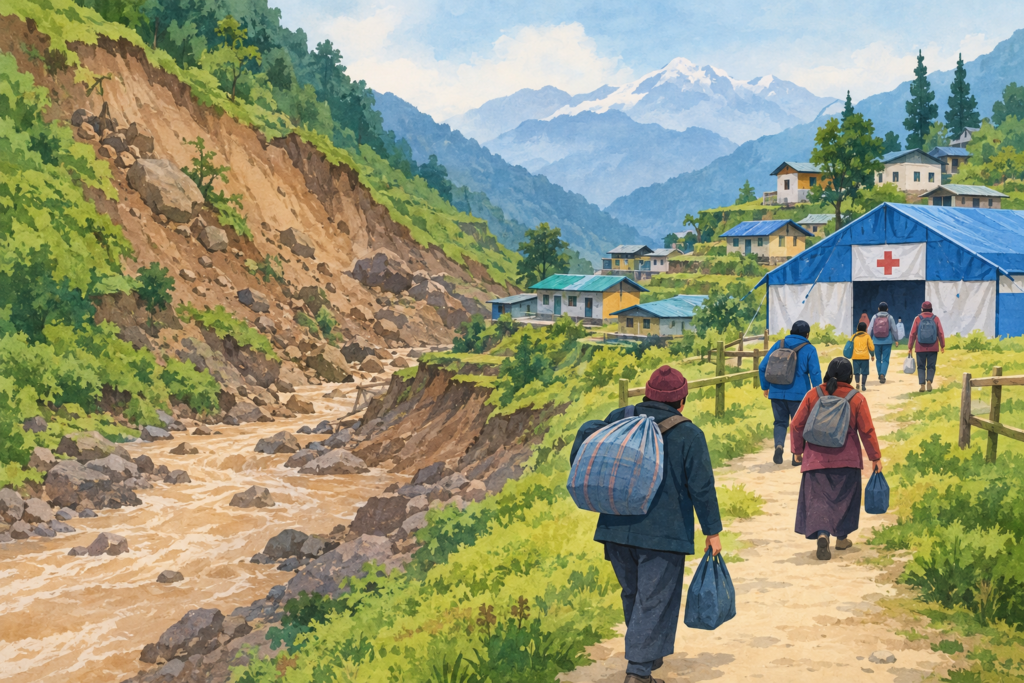 Illustration of residents leaving a hillside village near an unstable slope and walking toward a temporary shelter.