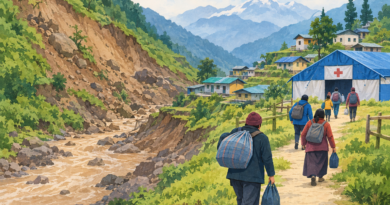 Illustration of residents leaving a hillside village near an unstable slope and walking toward a temporary shelter.