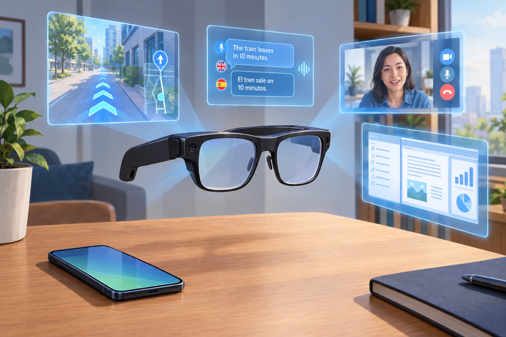 Illustration of augmented-reality glasses displaying navigation, translation and virtual work tools beside a smartphone.