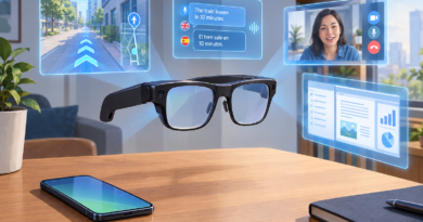 Illustration of augmented-reality glasses displaying navigation, translation and virtual work tools beside a smartphone.