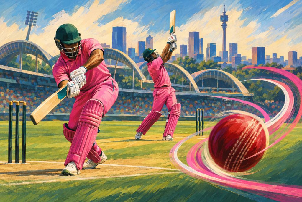 Illustration of two batters in pink at a cricket ground, with a curving ball trail suggesting the role of spin.