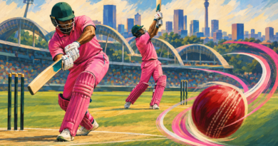 Illustration of two batters in pink at a cricket ground, with a curving ball trail suggesting the role of spin.