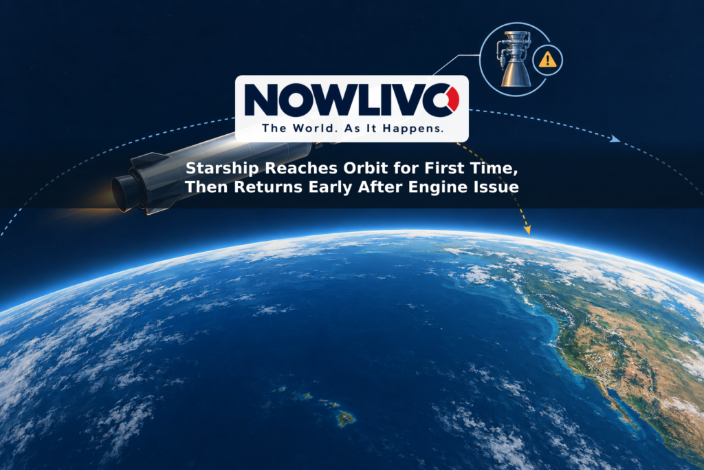 Conceptual illustration of a spacecraft above Earth, with an orbital path turning into an early return toward the Pacific.