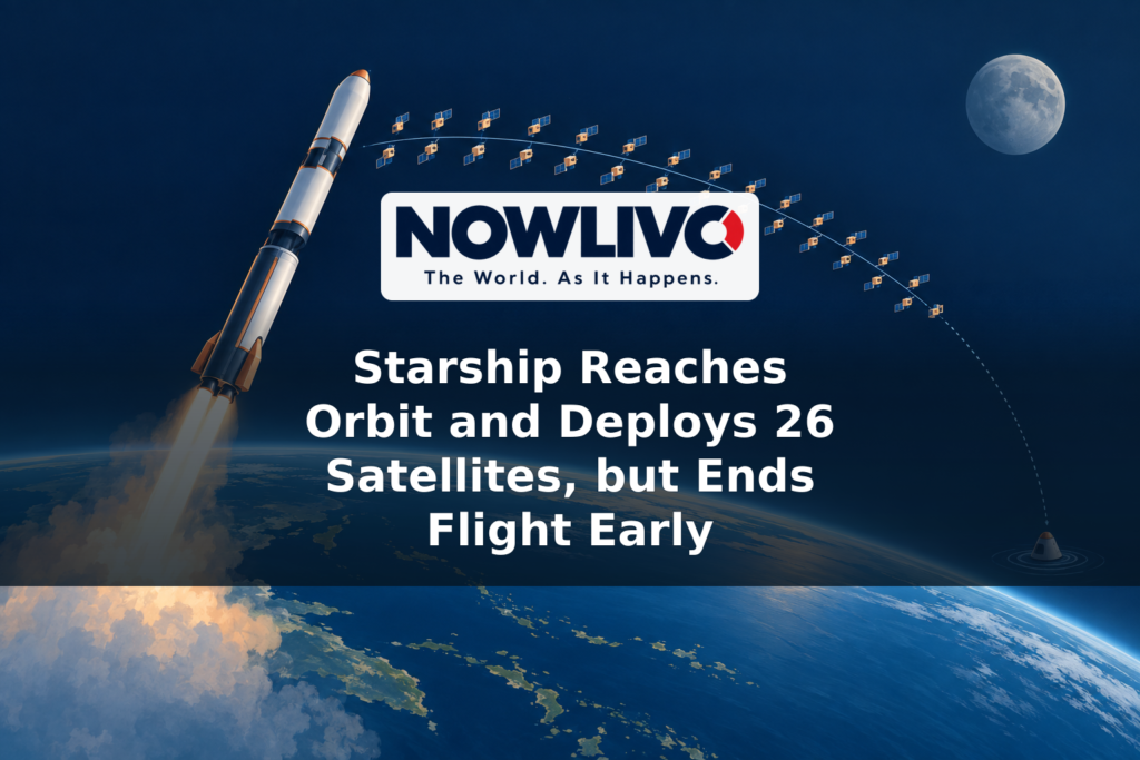Conceptual illustration of a rocket placing satellites in Earth orbit, with a shortened path to an ocean splashdown and the Moon in the distance.