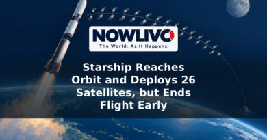 Conceptual illustration of a rocket placing satellites in Earth orbit, with a shortened path to an ocean splashdown and the Moon in the distance.