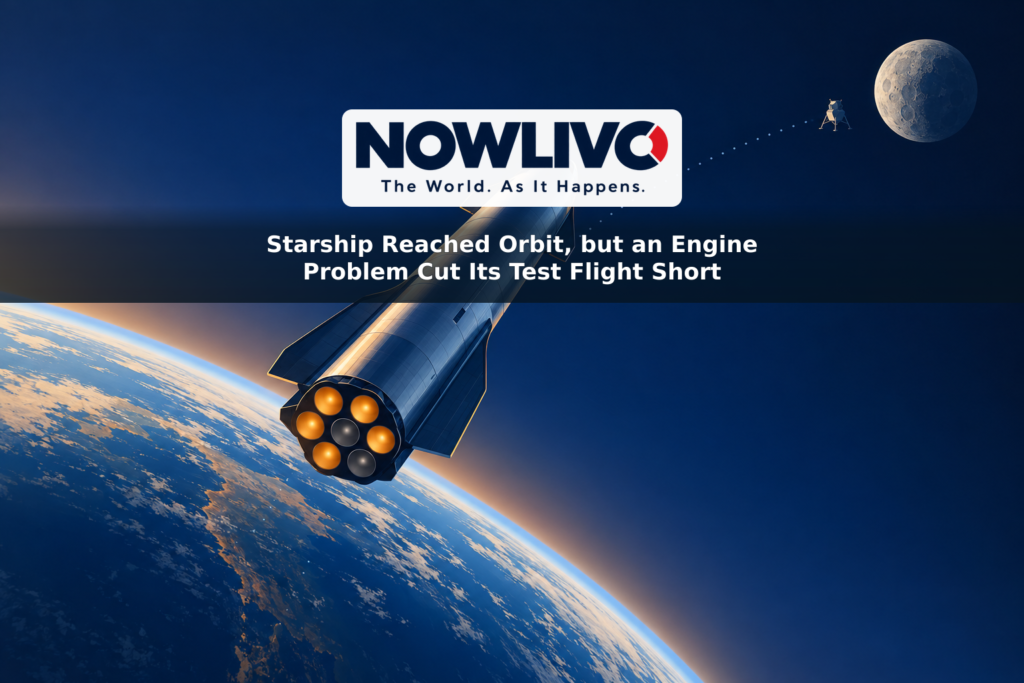 Conceptual illustration of a rocket orbiting Earth with one dimmed engine symbol and a lunar lander silhouette near the Moon.