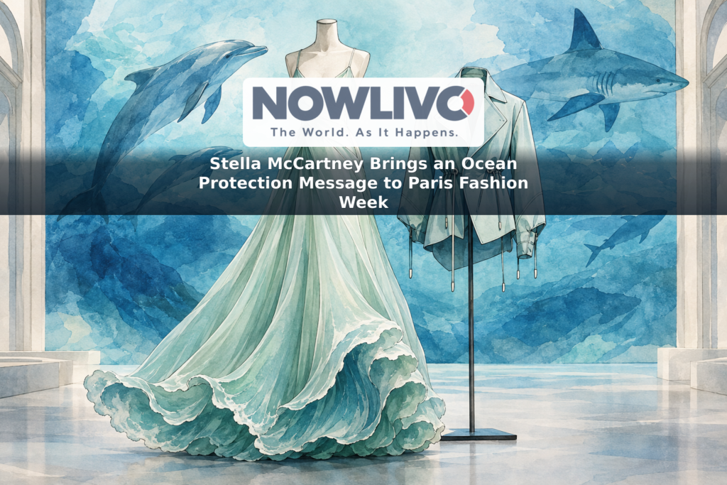 Conceptual illustration of ocean-inspired fashion beside stylized dolphins, sharks and blue waves.