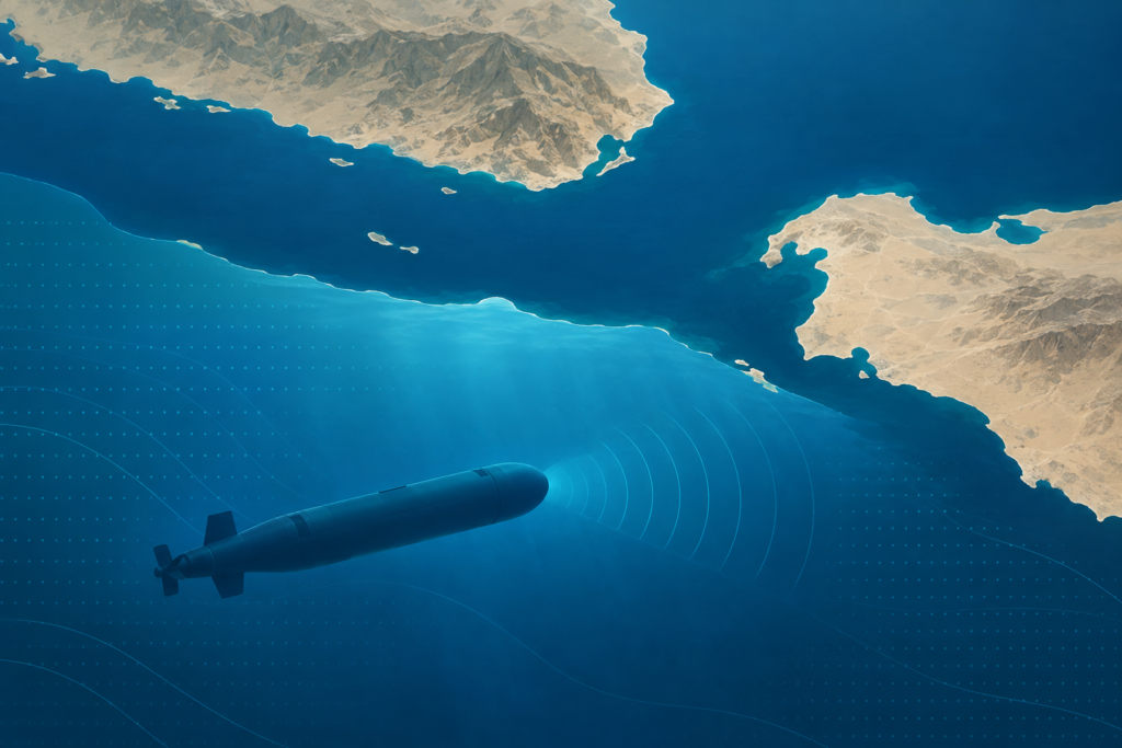 Conceptual illustration of an unmanned underwater vehicle beneath a map-like depiction of the Strait of Hormuz.